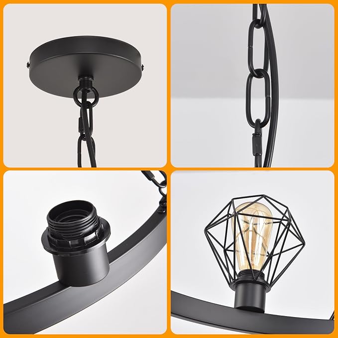 Wagon Wheel Chandelier Modern Farmhouse Pendant Light,Black Farmhouse Chandelier, 6-Light Wagon Wheel Chandelier with Adjustable Height, Dining Room Light Fixture, Hanging Lights