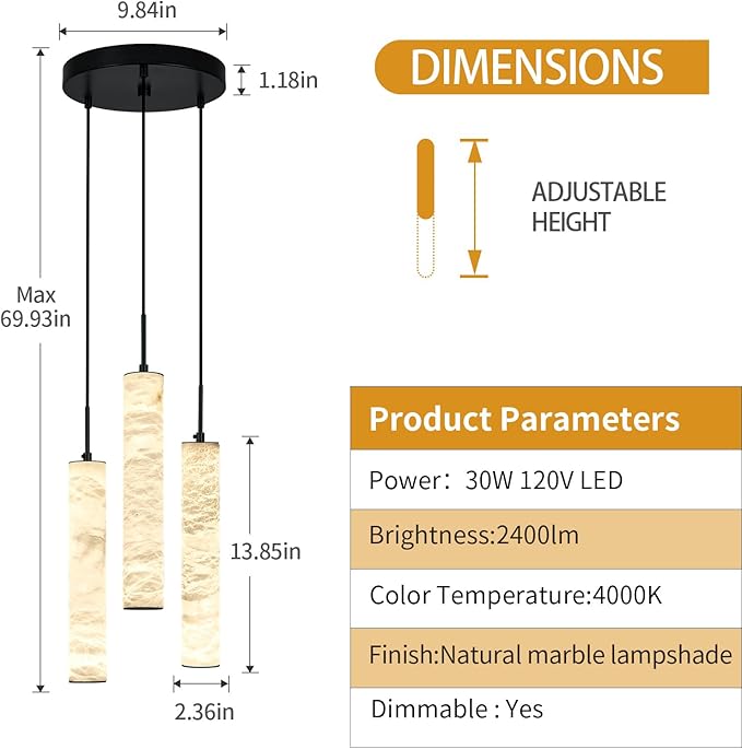 LMQNINE Natural Alabaster Pendant Lights for Kitchen Island White Marble Long Tube Chandelier 4000K Modern Black Ceiling Light Fixtures for Bedroom Dining Room Table Living Room Hallway(M-3Light)