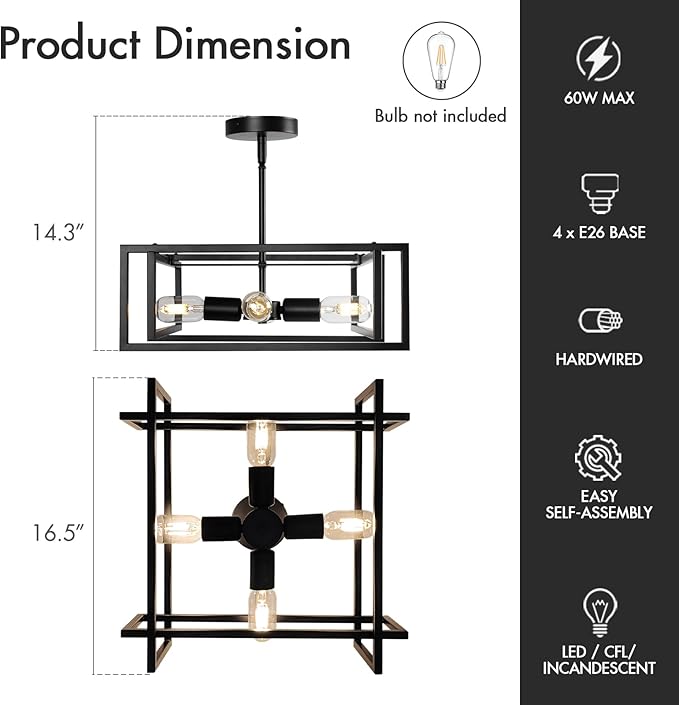 Modern Black Semi Flush Mount Ceiling Light Fixture 16.5", 4-Light Industrial Farmhouse Lighting for Kitchen Dining Room Living Room Entryway Bedroom Hallway, Sloped Ceiling Compatible, E26 Base
