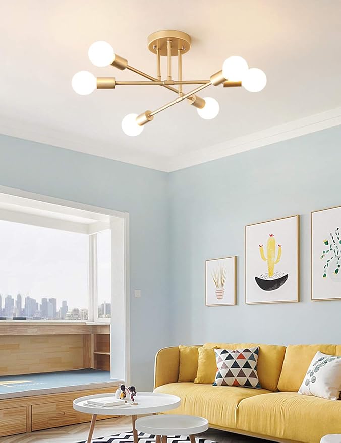 Modern Sputnik Chandelier, 6-Light Ceiling Light, LED Light Bulbs Included for Bedroom,Dining Room,Kitchen,Office (Gold)