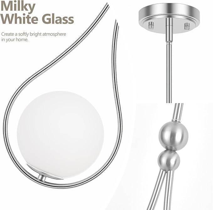 Brushed Nickel Pendant Lights with Milky White Globe Glass Pendant Lights Kitchen Island Adjustable Mid Century Hanging Pendant Light Fixtures for Kitchen Dining Room Entryway, 1 Pack