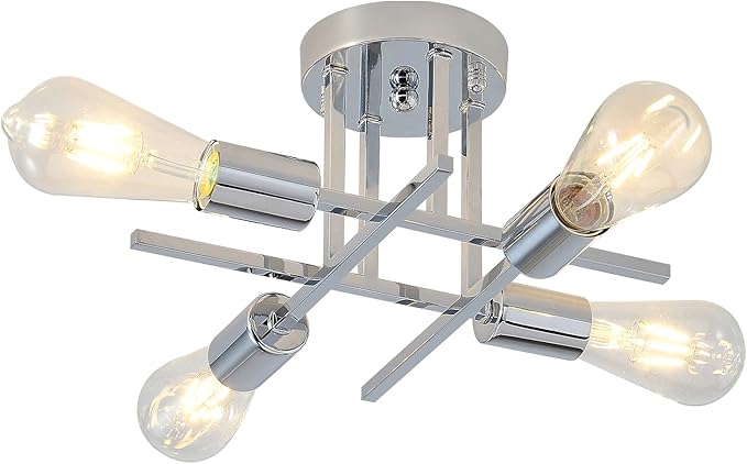 EGM Chrome Semi Flush Mount Ceiling Lights, 4-Light Modern Kitchen Ceiling Light Fixture with E26 Bulb Base, Industrial Sputnik Chandelier for Dining Room Foyer Bedroom Office (1 Pack)