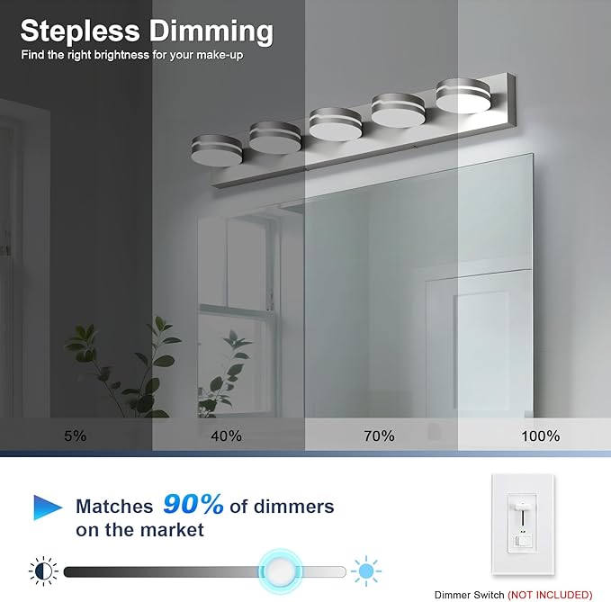 LED Modern Bathroom Lights Fixtures 5-Light Dimmable Nickel Acrylic Wall Lighting,Vanity Lights for Bathroom Over Mirror 5500k
