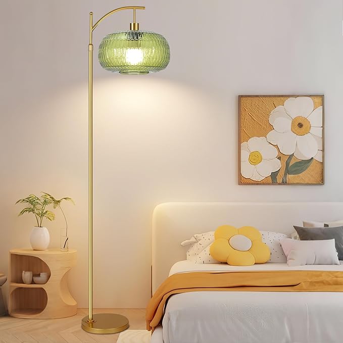 QIYIZM Green Floor Lamp for Living Room,Bedroom,Gold Dimmable Standing Lamp with Remote,Mid Century Modern Brass Tall Lamp Boho Floor Lamps Arc Stained Glass Floor Light Lamp Girls Bohemian
