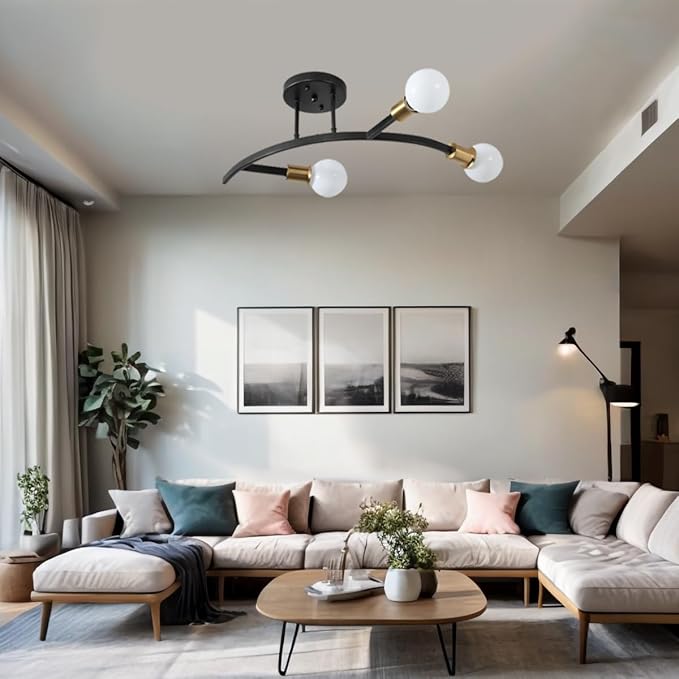 3-Lights Modern Sputnik Semi Flush Mount Ceiling Light Fixture Black and Gold,Mid Centur Minimalist sputnik Chandelier for Hallway,Dining Room,Bedroom,Kitchen,Living Room(Bulbs Not Included)
