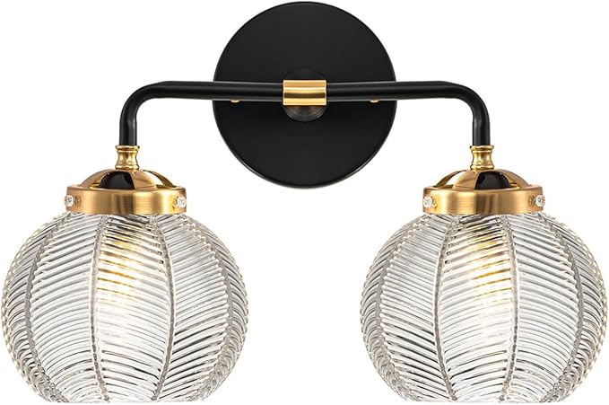 2 Light Bathroom Vanity Light Clear Glass Globe Wall Sconce Lights Black Wall Mount Light with Ribbed Glass Shade, Mid Century Modern Wall Sconce for Over Mirror Bedroom Hallway