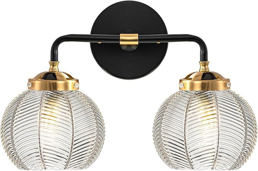 Black Bathroom Vanity Light Fixture Kitchen Sink Sconce Lighting fixtures Over Mirror with 2 Globe Shade Clear Wall Light Modern Ribbed Glass Wall Sconces for Bedroom Living Room