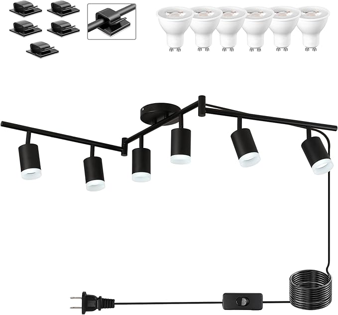 Plug in Track Lighting Kit, 120cm LED 6 Light Kitchen Track Lighting Corded Wall Light with 16.4ft Cord 6 Way Ceiling Spot Lighting Flexibly Rotatable Head Includes 6xGU10 Bulb (6 Black-Acrylic-120cm)