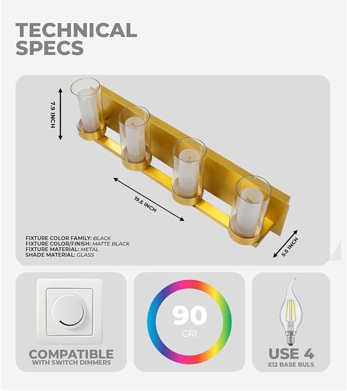 LYTIO 4-Light LED Vanity Bar Light – Modern Bathroom Wall Lamp to Install Over The Sink or Mirror - Includes LED Bulbs (Brass)