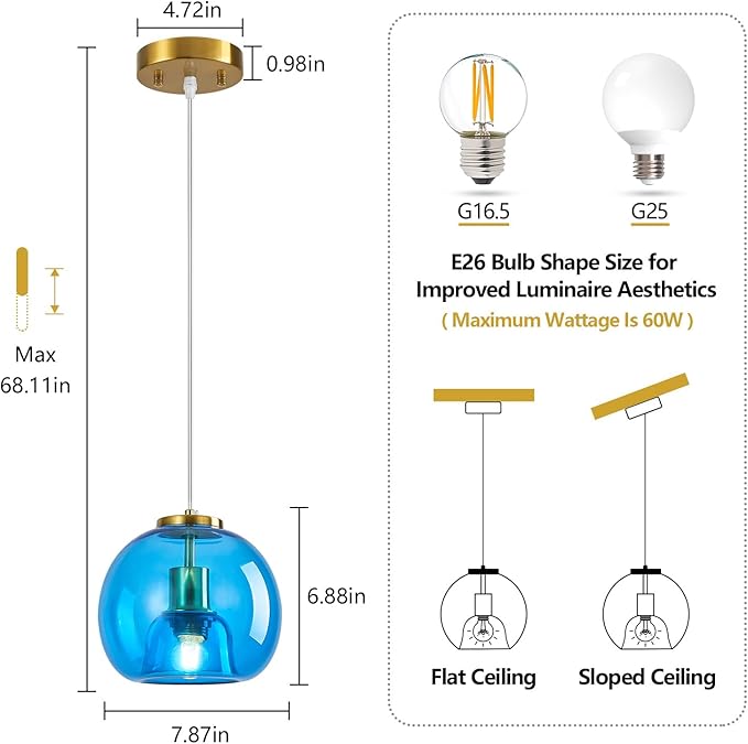 Blue Glass Pendant Lights Kitchen Island Gold Hanging Light Fixture Glass Globe Pendant Light Modern Pendant Lighting for Kitchen Island Bedroom Dining Room (7.87", 1 Pack)