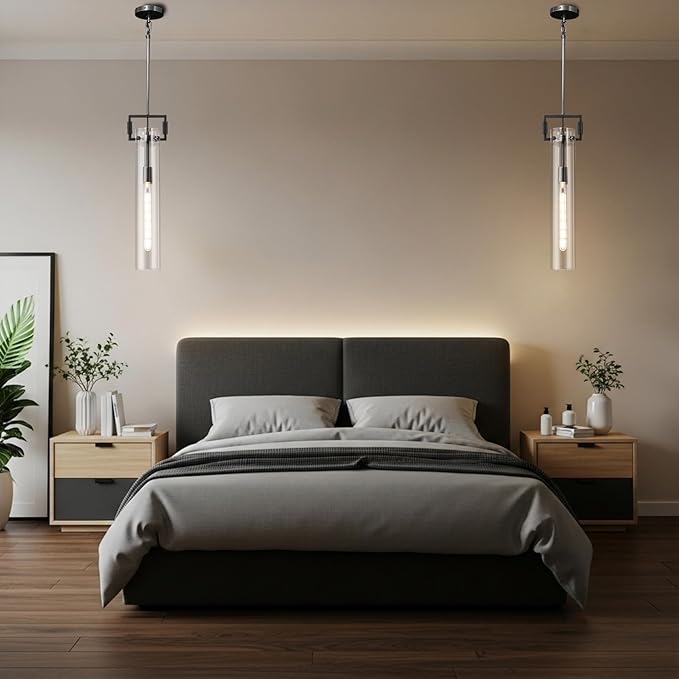 Black Pendant Light Glass for Kitchen Island Set of 2, Adjustable Hanging Chandelier with Glass Shade Modern Pendant Light Fixture for Farmhouse, Dining Room,Bedroom,E26 Bulb Included