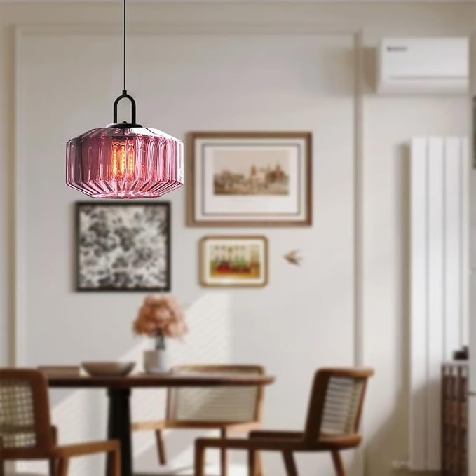 Plug in Hanging Light Glass Globe Pendant Light Plug in Mid Century Modern Pendant Light Fixture with 14.7 ft Cord Purple Striped Glass Shade for Living Dining Room Farmhouse Kitchen