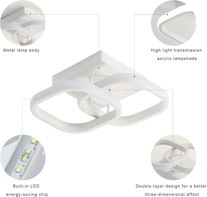 Small LED Hallway Ceiling Light, 2 Square Frames Modern Ceiling Light, 6500K Flush Mount Ceiling Light Fixtures for Hallway Living Room Bedroom Kitchen Closet, White