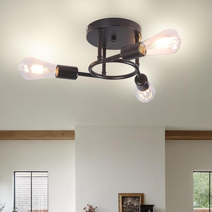 Finktonglan 3-Light Semi Flush Mount Ceiling Light, Matte Black Sputnik Ceiling Light Fixture, Modern Farmhouse E26 Chandelier for Kitchen, Bedroom, Hallway, Entryway
