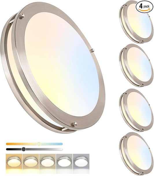 OOWOLF 4-Pack 13” LED Flush Mount Ceiling Light, 5CCT Adjustable (3000K–6000K), Dimmable Low Profile Ceiling Light Fixture, Brushed Nickel, 36W Energy Saving, ETL Listed