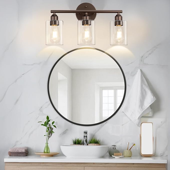 3-Light Bathroom Vanity Light Fixture, Modern Wall Lamp for Mirror with Clear Glass Shade (D-Clear Glass & Brown)