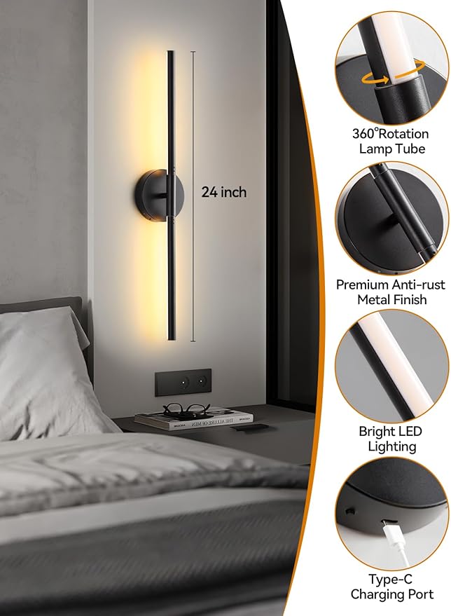 Battery Operated Wall Sconce, Modern Wireless Wall Lights with Remote & Touch Control, 24 Inch Black Dimmable Rechargeable LED Wall Lamps with 3 Colors & Timer for Bedroom, Living Room, Hallway