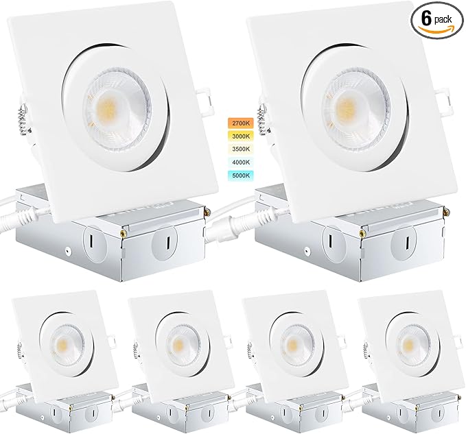KnLnny Ware Square Gimbal Recessed Lighting 4 Inch 6 Pack,Eyeball Led Lights with Junction Box,5CCT Selectable,9W 750LM,Dimmable
