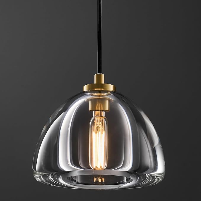 Crystal Pendant Light Kitchen Island: 7" Vintage Brass Hanging Lights above Dining Table - Modern K9 Crystals Lighting over Kitchen Sink - Luxury Gold Hemispher Pendants Light Fixtures Bulbs Included