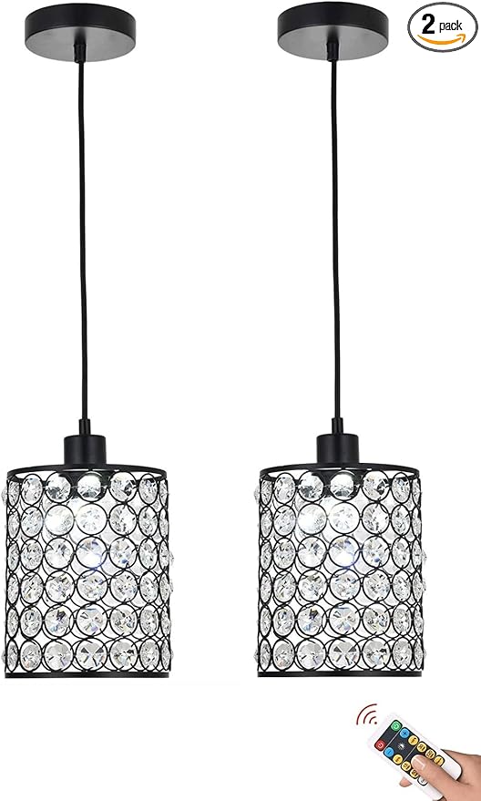 Battery Operated Pendant Lights with Remote 2 Packs,Rechargeable Pendant Light Not Hardwired,Black Crystal Glass Chandelier Cordless Ceiling Hanging Lamp for Kitchen Island Dining Room Table