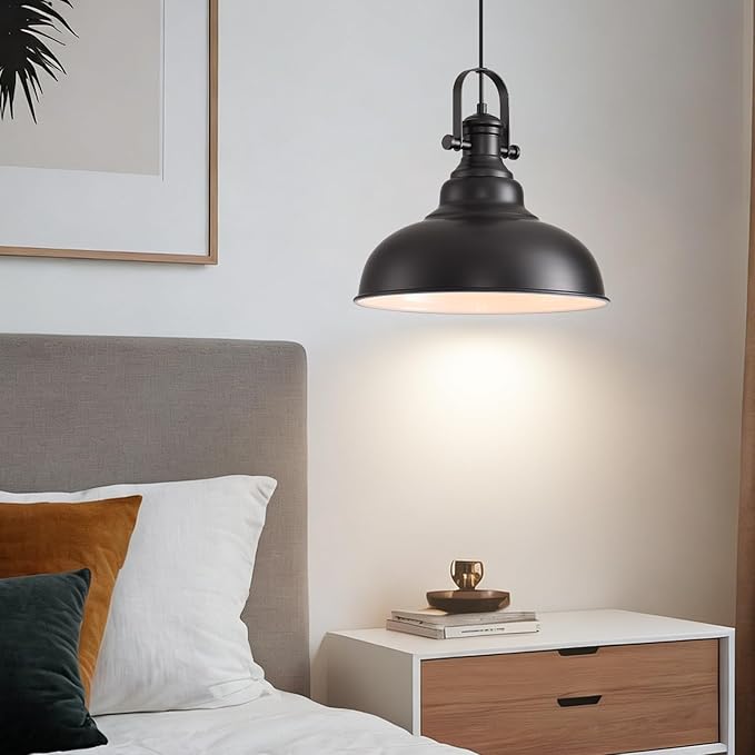 Matte Black Pendant Light, 11.0 Inch Pendant Light Fixture with Adjustable Cord, Industrial Hanging Lamp for Bedroom, Kitchen Island, Living Room, Dining Room, Hallway(1 Pack)