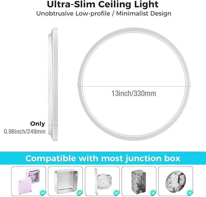 libtit 13 Inch LED Ceiling Light, 3 Color Selectable 3000K/4500K/6000K Thin Flat LED Surface Mount Ceiling Light, 28W 3200 LM Low-Profile Ceiling Light Fixture for Bedroom, Kitchen, Hallway,Closet