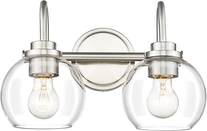 2-Light Bathroom Light Fixtures, Brushed Nickel Vanity Light with Globe Clear Glass Shade, Modern Vanity Lighting Fixtures Over Mirror, AD-22280-2W-SN