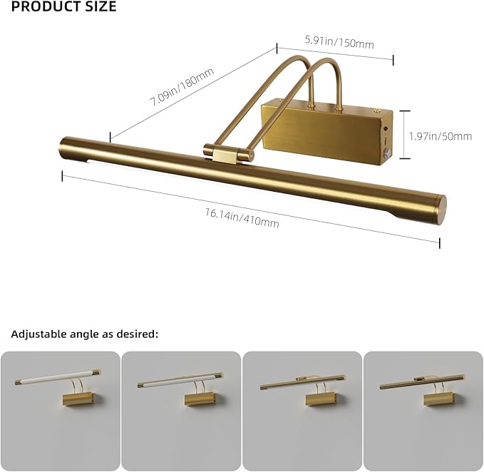Picture Lights for Wall,16 inch Art Lighting for Paintings Wireless,5000mAh Gallery Lights for Rechargeable,3CCT Dimmable & Timer Cordless Frame Light for Paintings,Canvas,Portrait,Gold