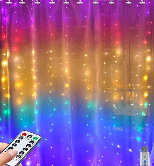 Rainbow Curtain Lights LED Curtain Lights Waterproof Window Fairy Lights String Remote Icicle Lights 8 Modes Twinkle Lights for Wedding Christmas Party Bedroom Wall Decoration (7-Color)