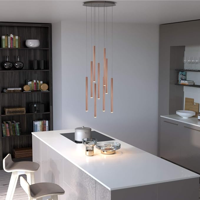 CANALIS 9 Mini Pendant Lighting Copper - LED Hanging Light Fixture for Kitchen Island, Bar, Foyer - Cluster Pendants - Dimmable, Adjustable Wire, Lamp Bulb Included