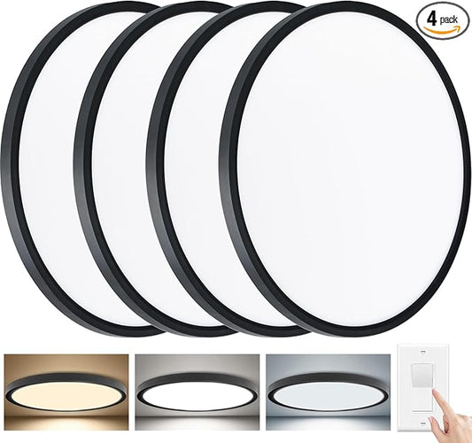 3520LM Dimmable LED Flush Mount Ceiling Light, 15.8 Inch Edge-Lit Flat Fixture, 3000K/4000K/5000K 3 Color Temperature Selectable, Close to Ceiling Lighting for Bedroom Kitchen Laundry,4Pack Black