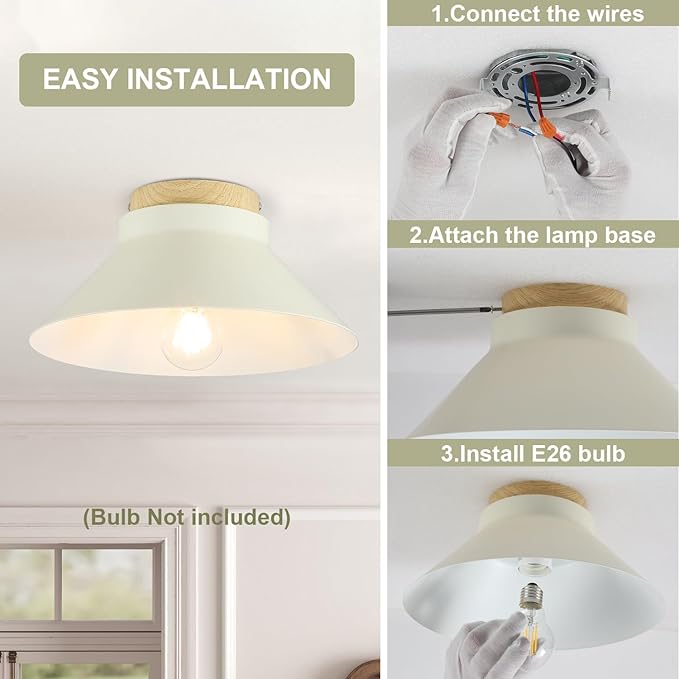 11.8'' Modern Ceiling Light Fixtures, Cream White Metal Flush Mount Light Fixtures with Natural Wood Accent, Farmhouse Semi Flush Mount Ceiling Lights for Kitchen, Hallway, Entryway,Laundry Room