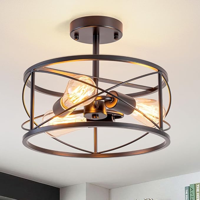 Farmhouse Flush Mount Ceiling Light, Rustic 3-Light Semi Flush Mount Ceiling Light Fixture with Wood Grain Finish, Retro Ceiling Lamp for Hallway Entryway Bedroom Dining Room