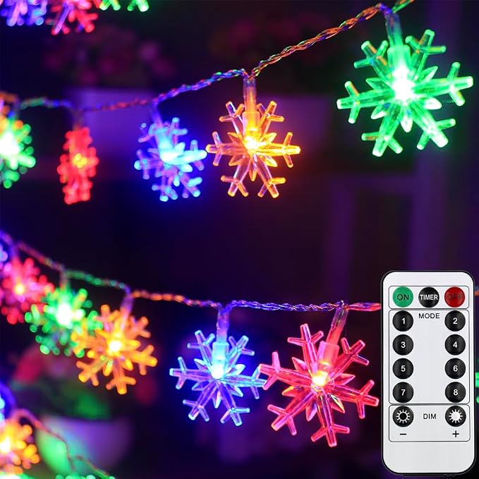 Christmas Decorations Snowflake Lights, 30ft 60 LEDs Snowflakes Christmas Lights Battery Operated String Lights with Remote for Xmas Tree Window Curtain Outdoor Indoor Winter Decor Multicolor