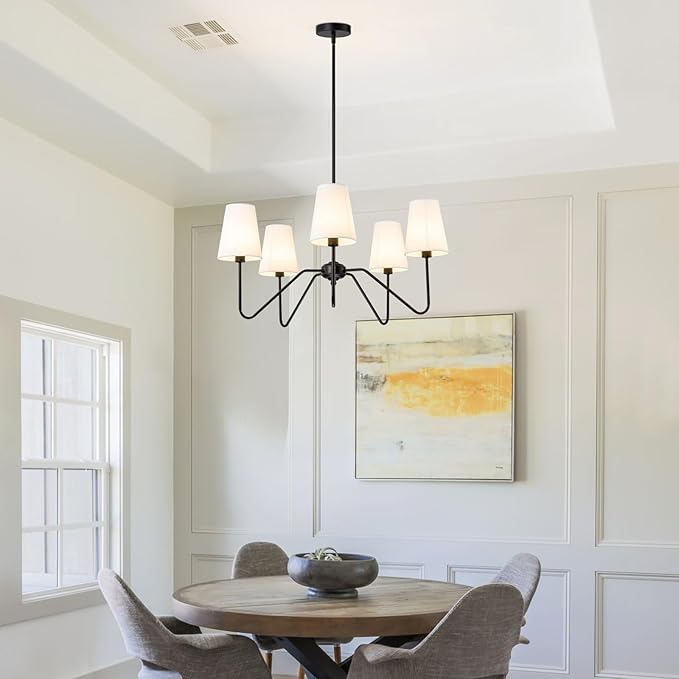 5 Light Modern Chandelier with White Shades, Elegant Pendant Light Fixture with Black Chandelier for Living Room, Dining Room, Bedroom, Hallway, Entryway, Height Adjustable