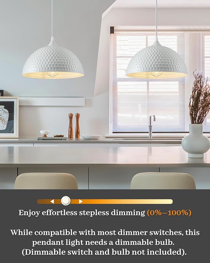 White Pendant Lights Kitchen Island 3 Pack, 12 Inch Hammered Dome Pendant Light, Farmhouse Kitchen Pendant Lights, Industrial Hammered Pendant Light for Kitchen, Dining Room, Barn