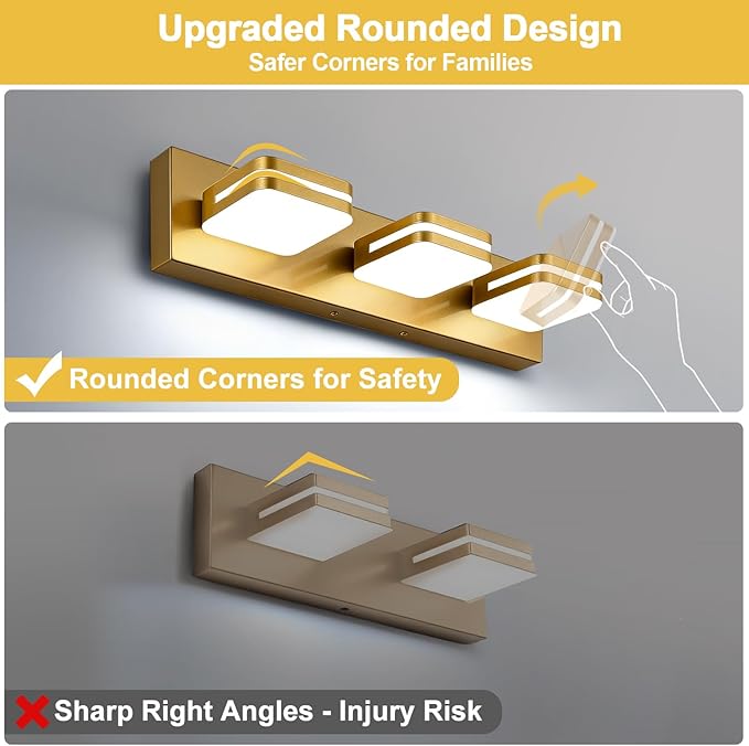 360° Rotate LED Bathroom Vanity Light Fixtures, 1300LM Acrylic Gold Vanity Lights for Bathroom, Modern Wall Lighting Fixtures Over Mirror Kitchen Living Room Hallway (Natural White Light 5000K)