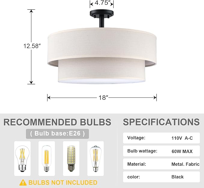 4 Light 18 Inch Semi Flush Mount Close to Ceiling Light Fixture,Cream Linen Fabric Shade Black Finish for Bedroom,Living Room,Dining Room Hallway