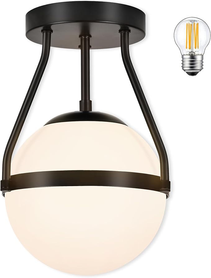 Bagood Globe Semi Flush Mount Ceiling Light Mid Century Modern 6" Globe Ceiling Light Fixture with Milk Glass Shade Black Finish for Living Room Hallway Kitchen Island Dining Room Laundry (Bulb Incl.)