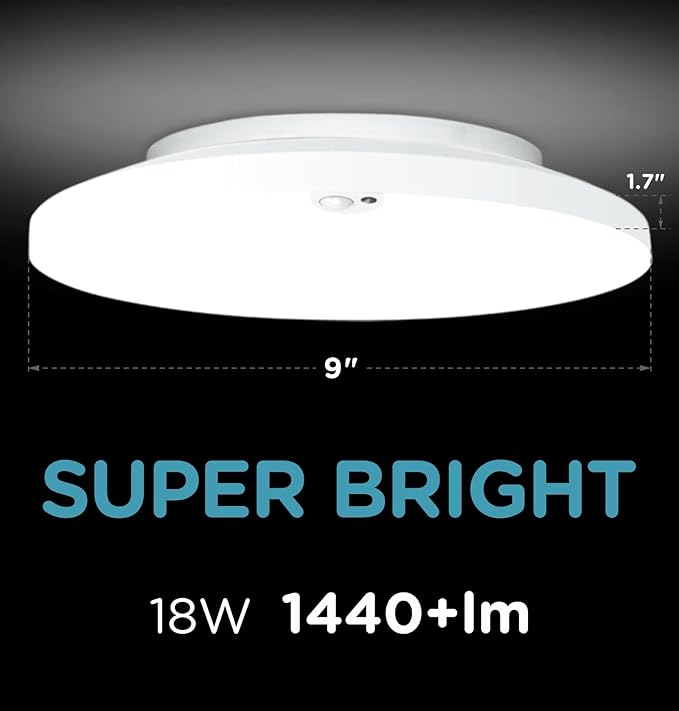 Leetdud Motion Sensor Ceiling Light Indoor Wired, 9 Inch 18W, 5 CCT 2700/3000/3500/4000/5000K, 3 Brightness Settable, 1550LM Flush Mount LED Closet Lights for Stairs Hallway Laundry Porch, White