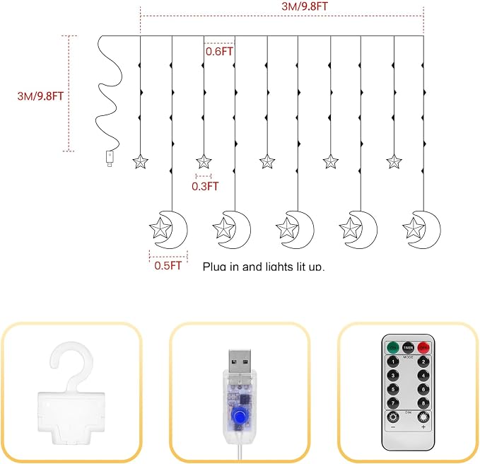 130 LED Star Moon Curtain Decorative Lights, Ramadan Window Curtain Fairy String Lights, Remote Control & USB Plug, 8 Lighting Modes, for Indoor, Home Holiday, Party, Ramadan Decorations