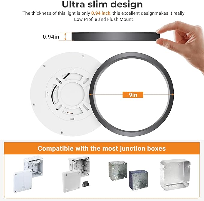 slochi 6Pack LED Flush Mount Ceiling Light Fixture, 9 Inch Light Fixture, 3000K-4000K-6500K Round Flat Bedroom Lights, Closet Round Surface for Bathroom Laundry Bedroom Hallway