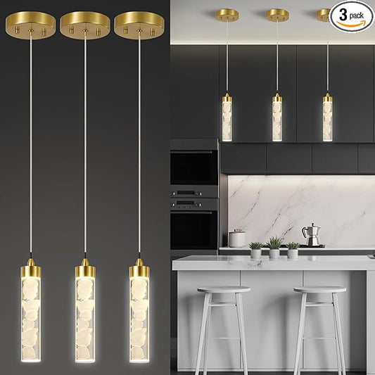 Pendant Lights Kitchen Island 3 Pack, Modern Mini Pendant Light Fixtures with Crystal Stone, Dimmable LED Chandelier, Gold Hanging Light Fixture for Dining Room Hallway, 3000-5000K Adjustable, ETL