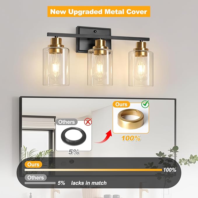 Unicozin 3 Light Bathroom Light Fixtures, Modern Vanity Lights Over Mirror, Black and Gold Wall Lamp with Clear Glass for Living Room Cabinet Bedroom Porch