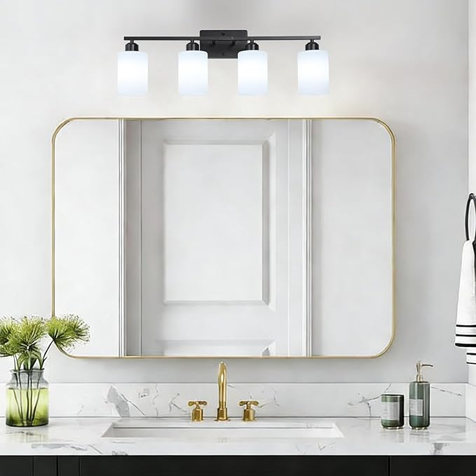 SOTTAE 4-Light Bathroom Vanity Lights, Modern Vanity Lighting with Milky White Shades, Anti-Rust Black Bathroom Light Fixtures Over Mirror, Bathroom Wall Lamp for Mirror Bathroom Living Room Cabinet