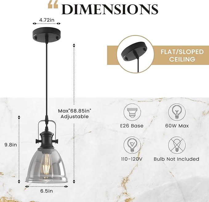 Black Pendant Lights Kitchen Island 2 Pack, 6.5" Modern Farmhouse Smoked Glass Pendant Light, Island Lights for Kitchen, Mini Pendant Lighting for Kitchen Island Dining Room