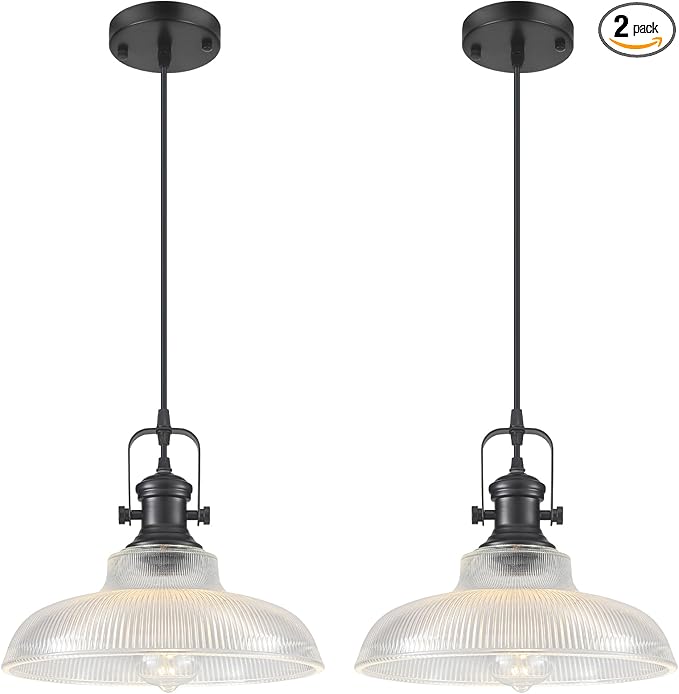 Black Glass Pendant Lights Kitchen Island, 12in, Modern Kitchen Pendant Lights Fixture, Farmhouse Pendant Lighting for Dining Room Bedroom Bar Sink, 2 Pack