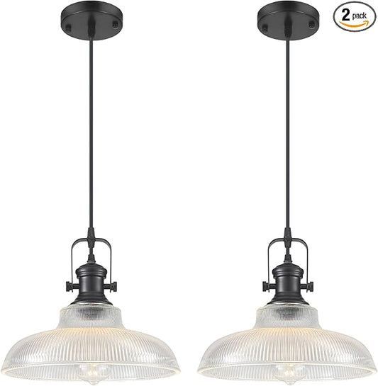 Black Glass Pendant Lights Kitchen Island, 12in, Modern Kitchen Pendant Lights Fixture, Farmhouse Pendant Lighting for Dining Room Bedroom Bar Sink, 2 Pack