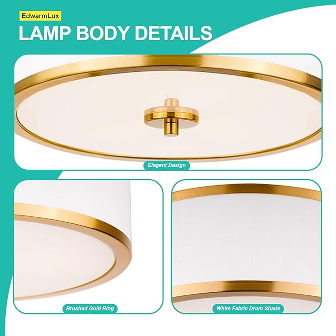 3-Light Flush Mount Ceiling Light Fixture, 12.6" Drum Light with White Fabric Shade, Modern Close to Ceiling Light for Living Room Bedroom Dining Room Kitchen Hallway Entry (Brushed Gold)