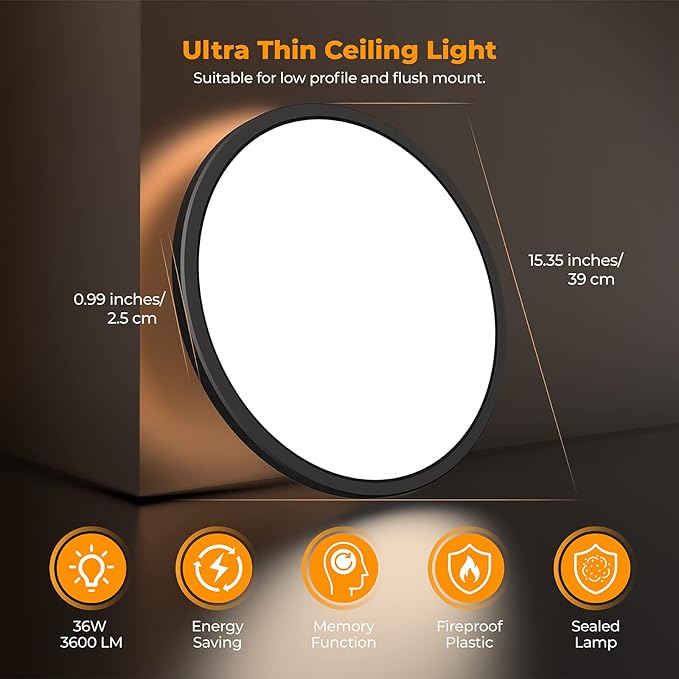 BLNAN LED Flush Mount Ceiling Light Fixture with Remote Control, 15.4 Inch 36W 3000K-6500K Dimmable Round Low Profile Ceiling Lamp for Living Room Bedroom Kitchen, Black